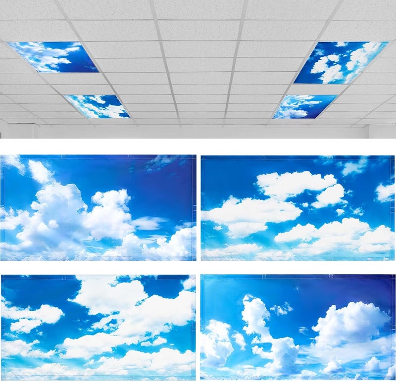 ROCEEI Pack of 4 Fluorescent Light Covers for Ceiling Lights, 4 x 2 Ft, Magnetic Light Covers for Classroom Office Home School Ceiling Decor(Blue Sky White Clouds) - Image 1